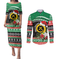 Vanuatu Pig's Tusk Meri Krismas! Couples Matching Puletasi and Long Sleeve Button Shirt Vanuatuan Sand Drawing Pattern LT9 Green - Polynesian Pride
