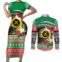 Vanuatu Pig's Tusk Meri Krismas! Couples Matching Short Sleeve Bodycon Dress and Long Sleeve Button Shirt Vanuatuan Sand Drawing Pattern LT9 Green - Polynesian Pride