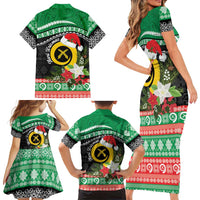 Vanuatu Pig's Tusk Meri Krismas! Family Matching Short Sleeve Bodycon Dress and Hawaiian Shirt Vanuatuan Sand Drawing Pattern - Polynesian Pride