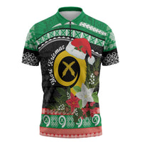 Vanuatu Pig's Tusk Meri Krismas! Zipper Polo Shirt Vanuatuan Sand Drawing Pattern LT9 Green - Polynesian Pride
