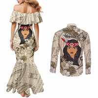 Personalized New Zealand Women's Day Couples Matching Mermaid Dress and Long Sleeve Button Shirt Maori Girl Feathers of Hope - Beige LT9 - Polynesian Pride