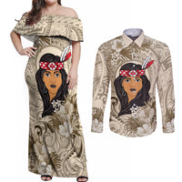 Personalized New Zealand Women's Day Couples Matching Off Shoulder Maxi Dress and Long Sleeve Button Shirt Maori Girl Feathers of Hope - Beige LT9 Beige - Polynesian Pride