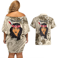 Personalized New Zealand Women's Day Couples Matching Off Shoulder Short Dress and Hawaiian Shirt Maori Girl Feathers of Hope - Beige LT9 - Polynesian Pride