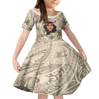 Personalized New Zealand Women's Day Family Matching Off Shoulder Long Sleeve Dress and Hawaiian Shirt Maori Girl Feathers of Hope - Beige LT9 Daughter's Dress Beige - Polynesian Pride