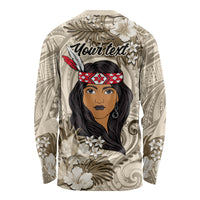Personalized New Zealand Women's Day Long Sleeve Shirt Maori Girl Feathers of Hope - Beige LT9 - Polynesian Pride