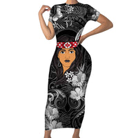 New Zealand Custom Women's Day Short Sleeve Bodycon Dress Maori Girl Feathers of Hope - Black LT9 Long Dress Black - Polynesian Pride