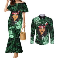 New Zealand Custom Women's Day Couples Matching Mermaid Dress and Long Sleeve Button Shirt Maori Girl Feathers of Hope - Green LT9 Green - Polynesian Pride
