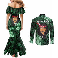 New Zealand Custom Women's Day Couples Matching Mermaid Dress and Long Sleeve Button Shirt Maori Girl Feathers of Hope - Green LT9 - Polynesian Pride