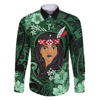 New Zealand Custom Women's Day Family Matching Off Shoulder Maxi Dress and Hawaiian Shirt Maori Girl Feathers of Hope - Green LT9 Dad's Shirt - Long Sleeve Green - Polynesian Pride