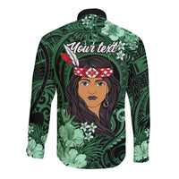 New Zealand Custom Women's Day Long Sleeve Button Shirt Maori Girl Feathers of Hope - Green LT9 - Polynesian Pride