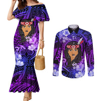 New Zealand Custom Women's Day Couples Matching Mermaid Dress and Long Sleeve Button Shirt Maori Girl Feathers of Hope - Purple LT9 Purple - Polynesian Pride