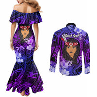 New Zealand Custom Women's Day Couples Matching Mermaid Dress and Long Sleeve Button Shirt Maori Girl Feathers of Hope - Purple LT9 - Polynesian Pride