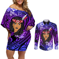New Zealand Custom Women's Day Couples Matching Off Shoulder Short Dress and Long Sleeve Button Shirt Maori Girl Feathers of Hope - Purple LT9 Purple - Polynesian Pride
