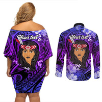 New Zealand Custom Women's Day Couples Matching Off Shoulder Short Dress and Long Sleeve Button Shirt Maori Girl Feathers of Hope - Purple LT9 - Polynesian Pride