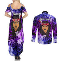 New Zealand Custom Women's Day Couples Matching Summer Maxi Dress and Long Sleeve Button Shirt Maori Girl Feathers of Hope - Purple LT9 - Polynesian Pride