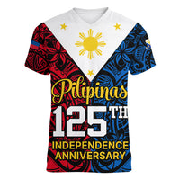 125th Independence Anniversary Philippines Women V Neck T Shirt Polynesian Pilipinas Flag Style - Black LT9 Female Black - Polynesian Pride
