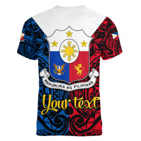 Personalised Polynesian Philippines Women V Neck T Shirt Pilipinas Flag Style for 125th Independence Anniversary Black LT9 - Polynesian Pride