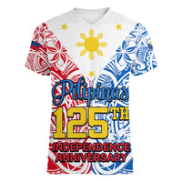 125th Independence Anniversary Philippines Women V Neck T Shirt Polynesian Pilipinas Flag Style - White LT9 Female White - Polynesian Pride