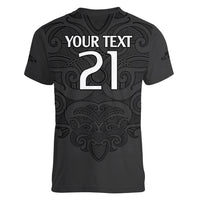 (Custom Text And Number) New Zealand Rugby Women V Neck T Shirt All Black Fern with Maori Tribal Pattern LT9 - Polynesian Pride