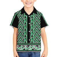 New Zealand Maori Niho Taniwha Kid Hawaiian Shirt Kakariki Mangopare and Puhoro Pattern