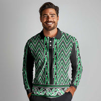 New Zealand Maori Niho Taniwha Long Sleeve Polo Shirt Kakariki Mangopare and Puhoro Pattern
