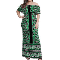 New Zealand Maori Niho Taniwha Off Shoulder Maxi Dress Kakariki Mangopare and Puhoro Pattern