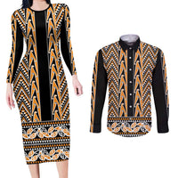 New Zealand Maori Niho Taniwha Couples Matching Long Sleeve Bodycon Dress and Long Sleeve Button Shirt Karaka Mangopare and Puhoro Pattern
