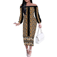 New Zealand Maori Niho Taniwha Family Matching Off The Shoulder Long Sleeve Dress and Hawaiian Shirt Karaka Mangopare and Puhoro Pattern