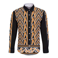 New Zealand Maori Niho Taniwha Long Sleeve Button Shirt Karaka Mangopare and Puhoro Pattern LT9 Unisex Gold - Polynesian Pride
