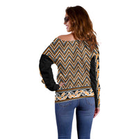 New Zealand Maori Niho Taniwha Off Shoulder Sweater Karaka Mangopare and Puhoro Pattern