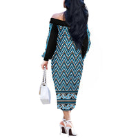 New Zealand Maori Niho Taniwha Off The Shoulder Long Sleeve Dress Kikorangi Mangopare and Puhoro Pattern