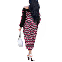 New Zealand Maori Niho Taniwha Off The Shoulder Long Sleeve Dress Mawhero Mangopare and Puhoro Pattern