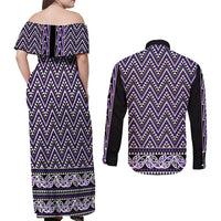 New Zealand Maori Niho Taniwha Couples Matching Off Shoulder Maxi Dress and Long Sleeve Button Shirt Waiporopo Mangopare and Puhoro Pattern