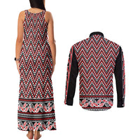 New Zealand Maori Niho Taniwha Couples Matching Tank Maxi Dress and Long Sleeve Button Shirt Whero Mangopare and Puhoro Pattern