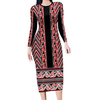 New Zealand Maori Niho Taniwha Long Sleeve Bodycon Dress Whero Mangopare and Puhoro Pattern