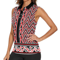 New Zealand Maori Niho Taniwha Women Sleeveless Polo Shirt Whero Mangopare and Puhoro Pattern