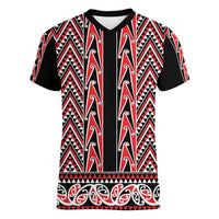 New Zealand Maori Niho Taniwha Women V-Neck T-Shirt Whero Mangopare and Puhoro Pattern