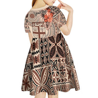 Vintage Bula Fiji Personalised Kid Short Sleeve Dress Beige Hibiscus Tapa Pattern