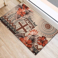 Vintage Bula Fiji Personalised Rubber Doormat Beige Hibiscus Tapa Pattern