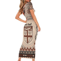 Vintage Bula Fiji Personalised Short Sleeve Bodycon Dress Beige Hibiscus Tapa Pattern