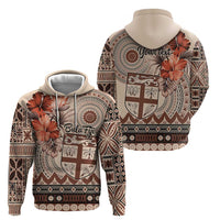 Vintage Bula Fiji Personalised Zip Hoodie Beige Hibiscus Tapa Pattern