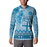 Vintage Bula Fiji Personalised Button Sweatshirt Blue Hibiscus Tapa Pattern