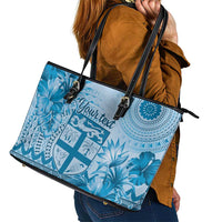 Vintage Bula Fiji Personalised Leather Tote Bag Blue Hibiscus Tapa Pattern LT9