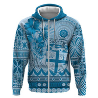 Vintage Bula Fiji Personalised Zip Hoodie Blue Hibiscus Tapa Pattern