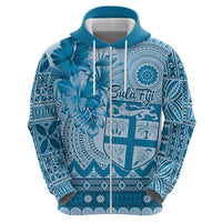 Vintage Bula Fiji Personalised Zip Hoodie Blue Hibiscus Tapa Pattern