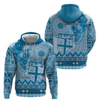 Vintage Bula Fiji Personalised Zip Hoodie Blue Hibiscus Tapa Pattern
