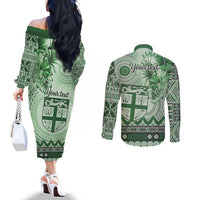 Vintage Bula Fiji Personalised Couples Matching Off The Shoulder Long Sleeve Dress and Long Sleeve Button Shirt Green Hibiscus Tapa Pattern