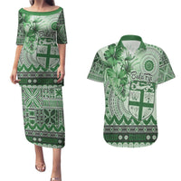 Vintage Bula Fiji Personalised Couples Matching Puletasi and Hawaiian Shirt Green Hibiscus Tapa Pattern