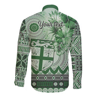 Vintage Bula Fiji Personalised Long Sleeve Button Shirt Green Hibiscus Tapa Pattern