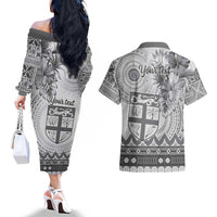 Vintage Bula Fiji Personalised Couples Matching Off The Shoulder Long Sleeve Dress and Hawaiian Shirt Beige Hibiscus Tapa Pattern